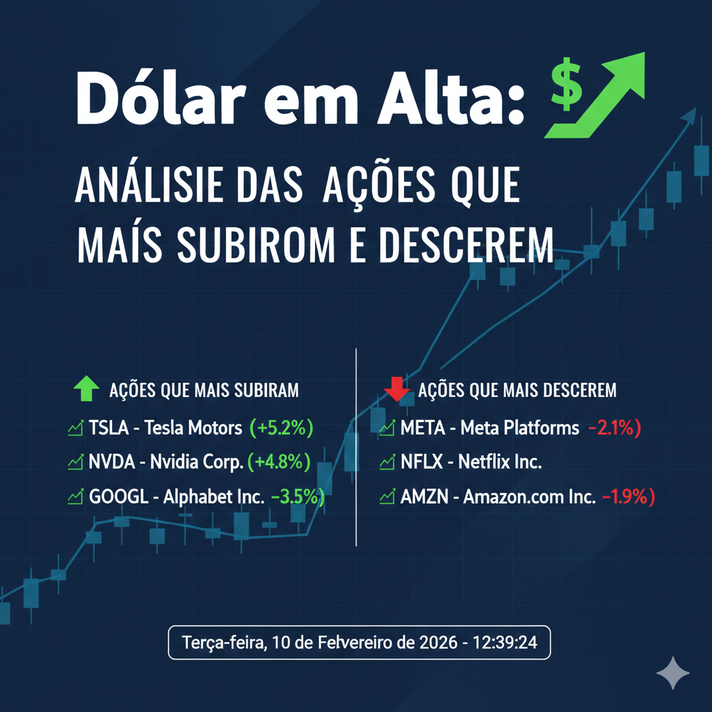 Gráfico de ações: Dólar em alta, análise do desempenho das ações, altas e baixas de TSLA, NVDA, GOOGL, META, NFLX, AMZN.